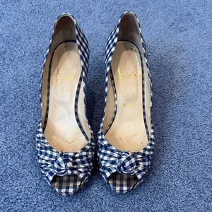Christian Louboutin Navy Gingham Peep-Toe Heels